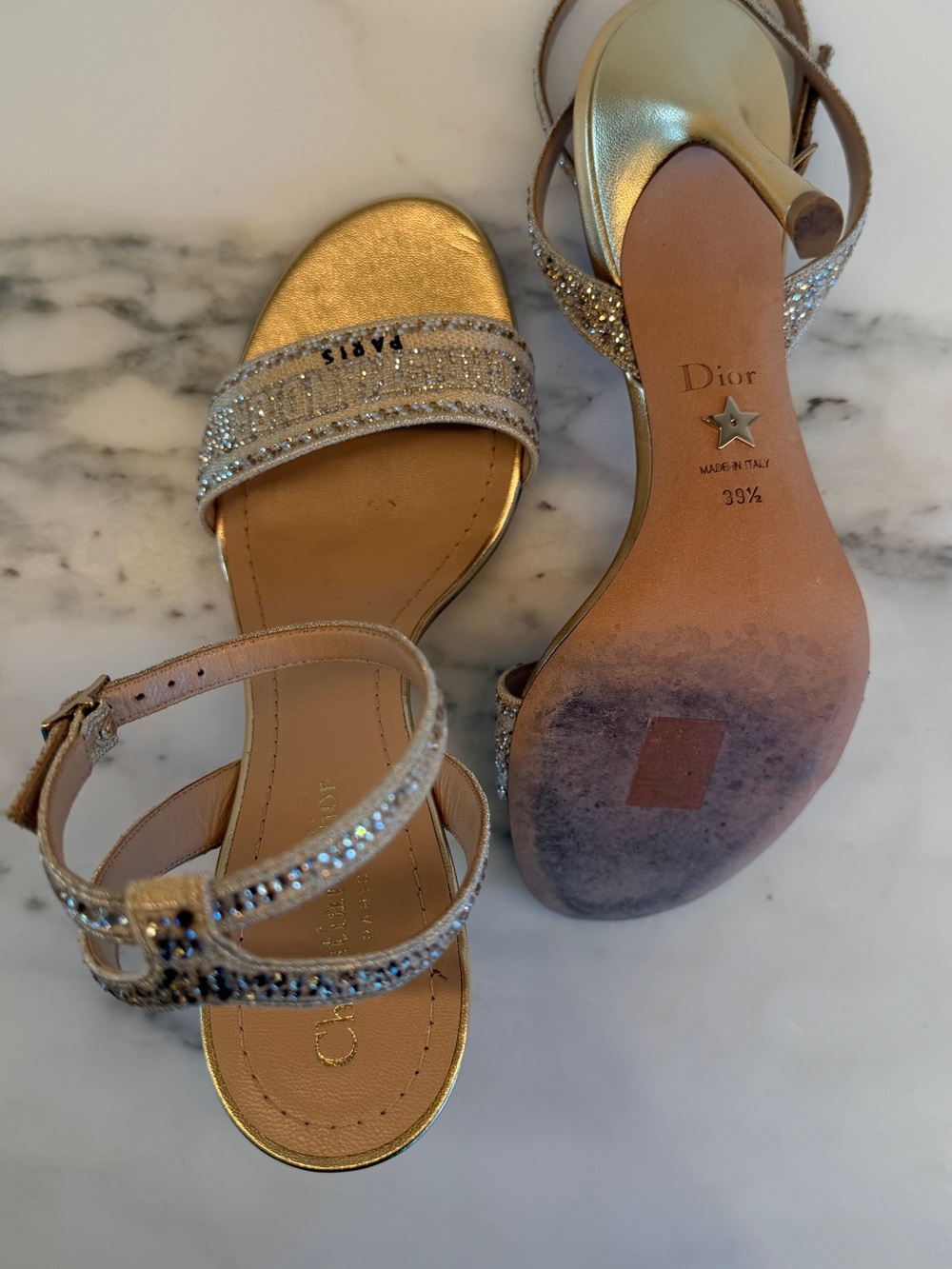 Christian Dior Gold Crystal Embellished Ankle-Strap Sandal. Worn once. - Picture 11 of 16